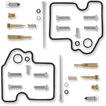 Two Kawasaki Carburetor Repair Kits by Moose Offroad, each with NBR rubber O-rings, gaskets, jets, needles, screws, and springs, are neatly arranged on a white background in two identical sets.