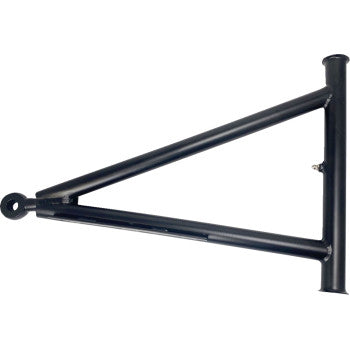 Black metal A-arm front lower right hand suspension component with cylindrical mounting points and triangular frame design.