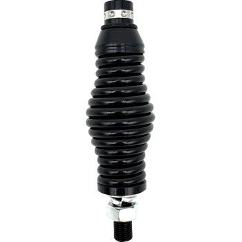 The Brite Lites Whip Spring Base Ultra Whip Kit by Brite-Lites features a black coiled spring shock absorber with metal fittings, similar to those used in magnetic whip base mounts, shown isolated on a white background.