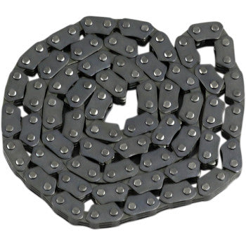 The Wiseco Cam Chain 82RH2010 x 112 Links features flat, silver-colored links with visible rivets, built to OEM specs. It is shown coiled against a white background.