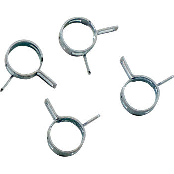 Four Wire Clamp Refill Kit Silver Band clamps by All Balls are arranged on a white background, each with circular loops and two tabs for adjustment—ideal as a 4 pack for your fuel line clamp kit.