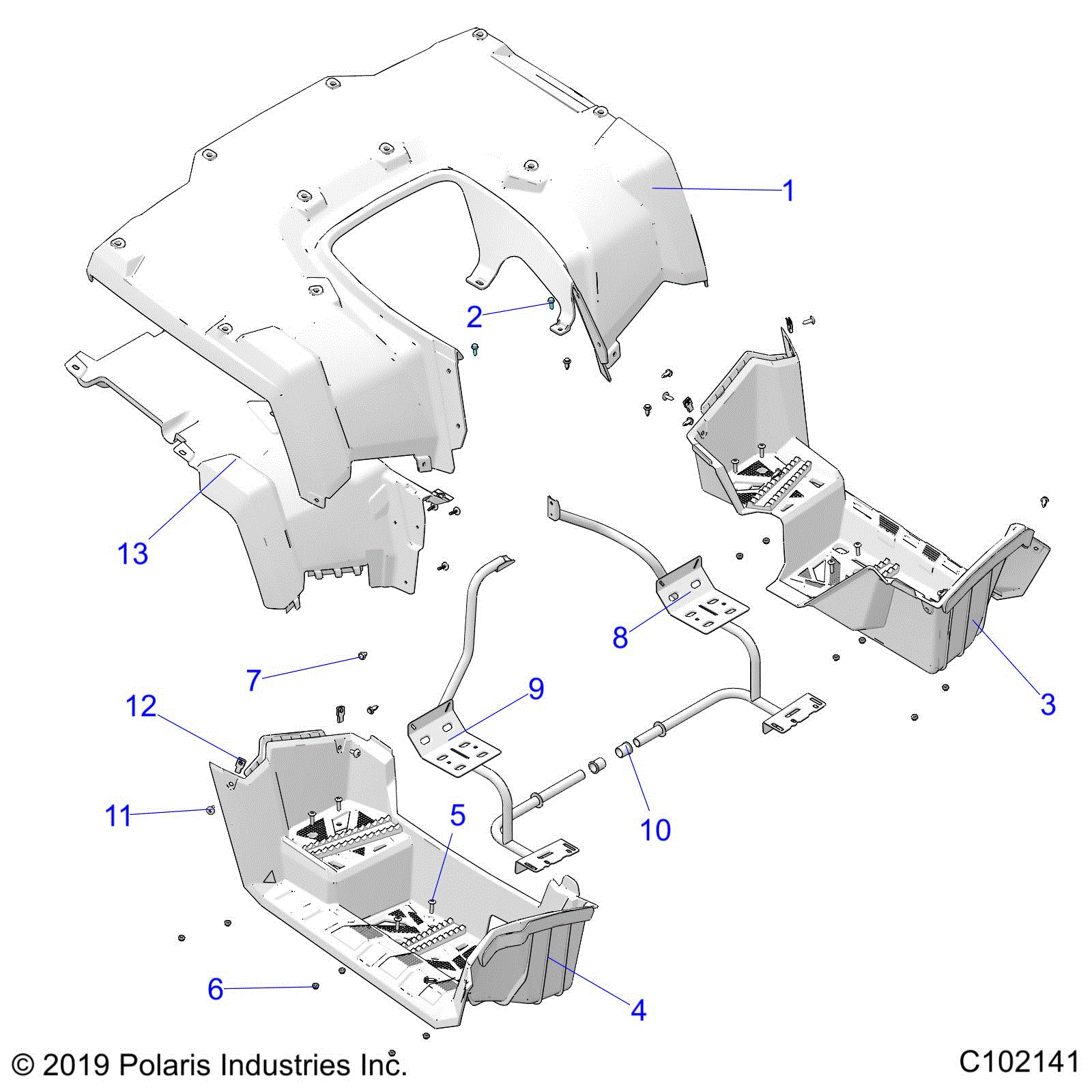 An Image of a Genuine Polaris Parts Schematic Diagram showing the schematic - BODY: REAR CAB and FOOTWELLS - 2020 POLARIS SPORTSMAN TOURING 570 PREMIUM