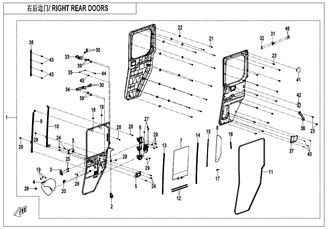 Exploded diagram of the Door Fullpower Right Rear XL by CF Moto, showing detailed parts—windows, handles, locks, panels, screws—each labeled with reference numbers and arrows. Ideal for sourcing OEM CF Moto parts at Witchdoctors.com.