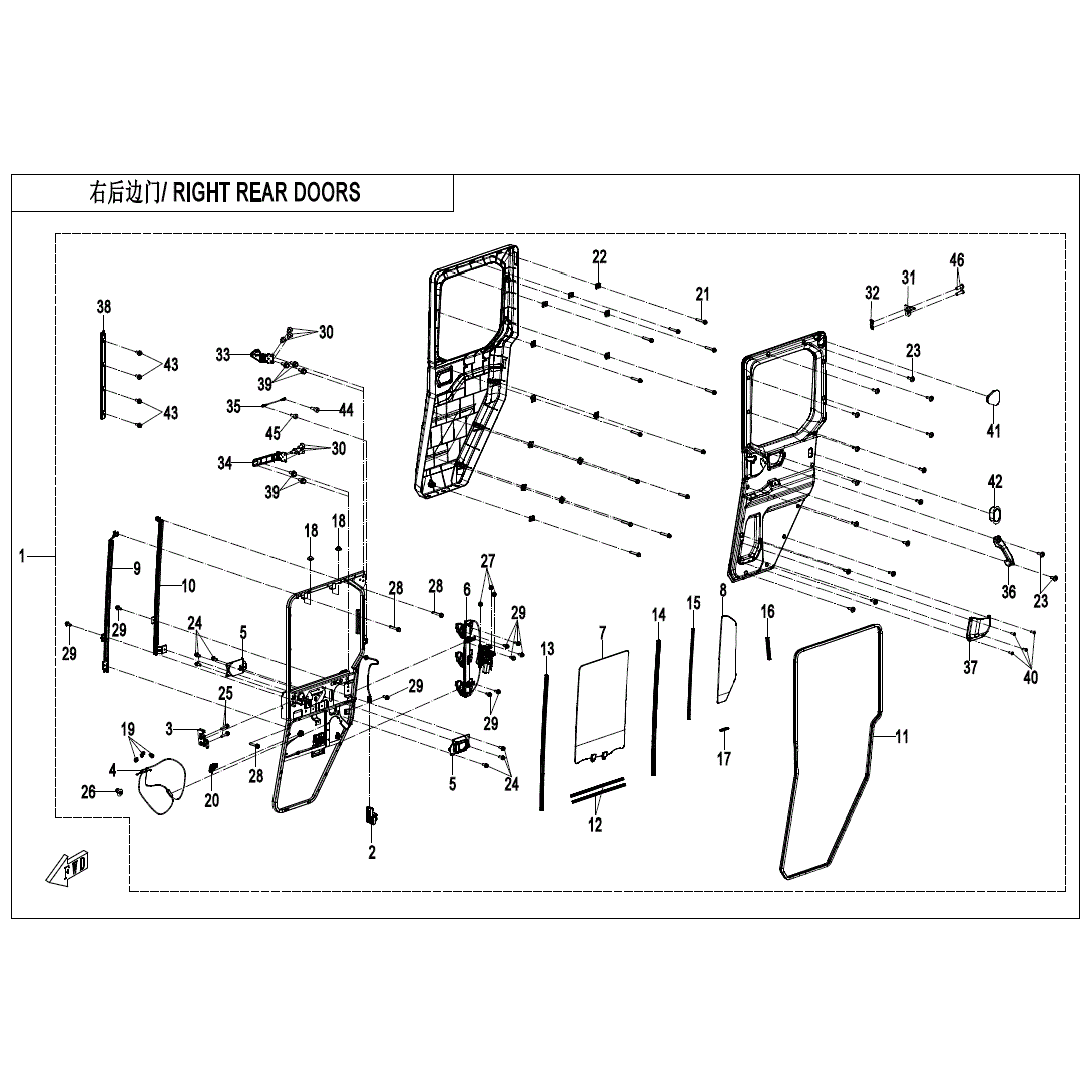 Exploded diagram of a right rear car door highlighting labeled parts, including the Rear Window Lifter RH by CF Moto—perfect for those sourcing UTV/ATV or OEM CFmoto parts at Witchdoctors.com.