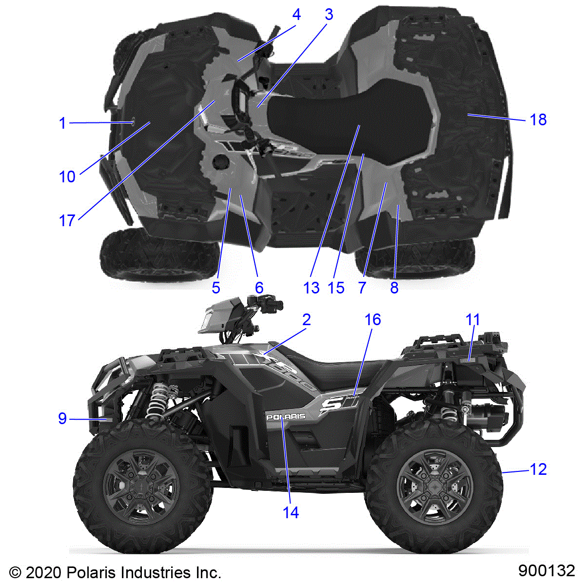 An Image of a Genuine Polaris Parts Schematic Diagram showing the schematic - BODY: DECALS - 2020 POLARIS SPORTSMAN XP 1000 S 55"
