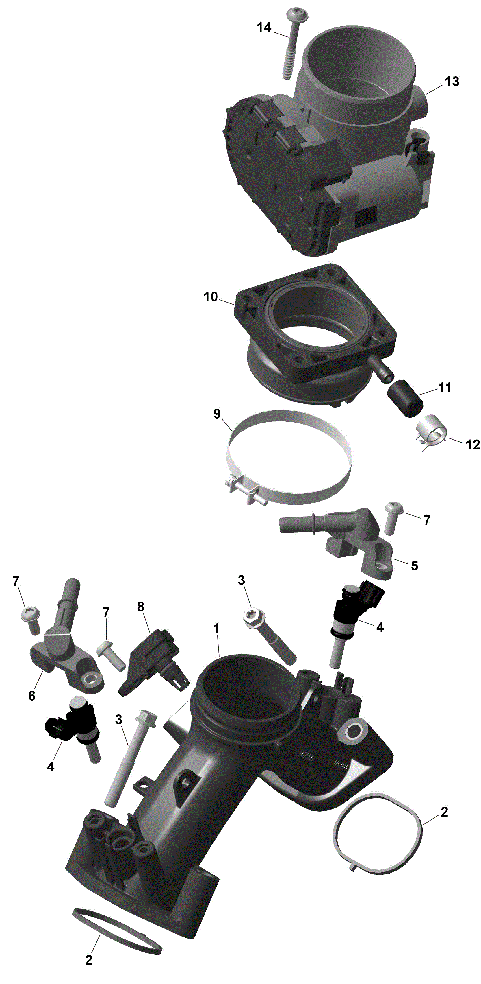 An Image of a Genuine Can-Am Parts Schematic Diagram showing the schematic - ROTAX - AIR INTAKE MANIFOLD AND THROTTLE BODY