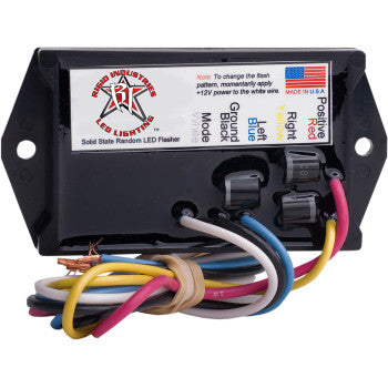 The Flasher 6 Amp 2 Output by Rigid Industries is a black rectangular LED flashing module with color-coded wires and labeled connectors for power, signal, and auxiliary switch, plus 12V lighting control instructions and the Rigid Industries logo.