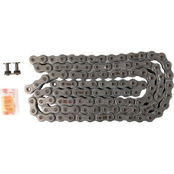 The 520 XRE Drive Chain 110 Links by RK, featuring a master link, two small rivets, and a lubricant packet for high tensile strength, are displayed together on a white background.