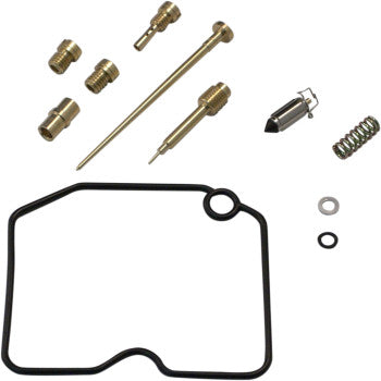 The Kawasaki Carburetor Repair Kit by Shindy includes float valves, small brass parts, a black rubber gasket, a needle, a spring, and two small rings arranged on a white background.