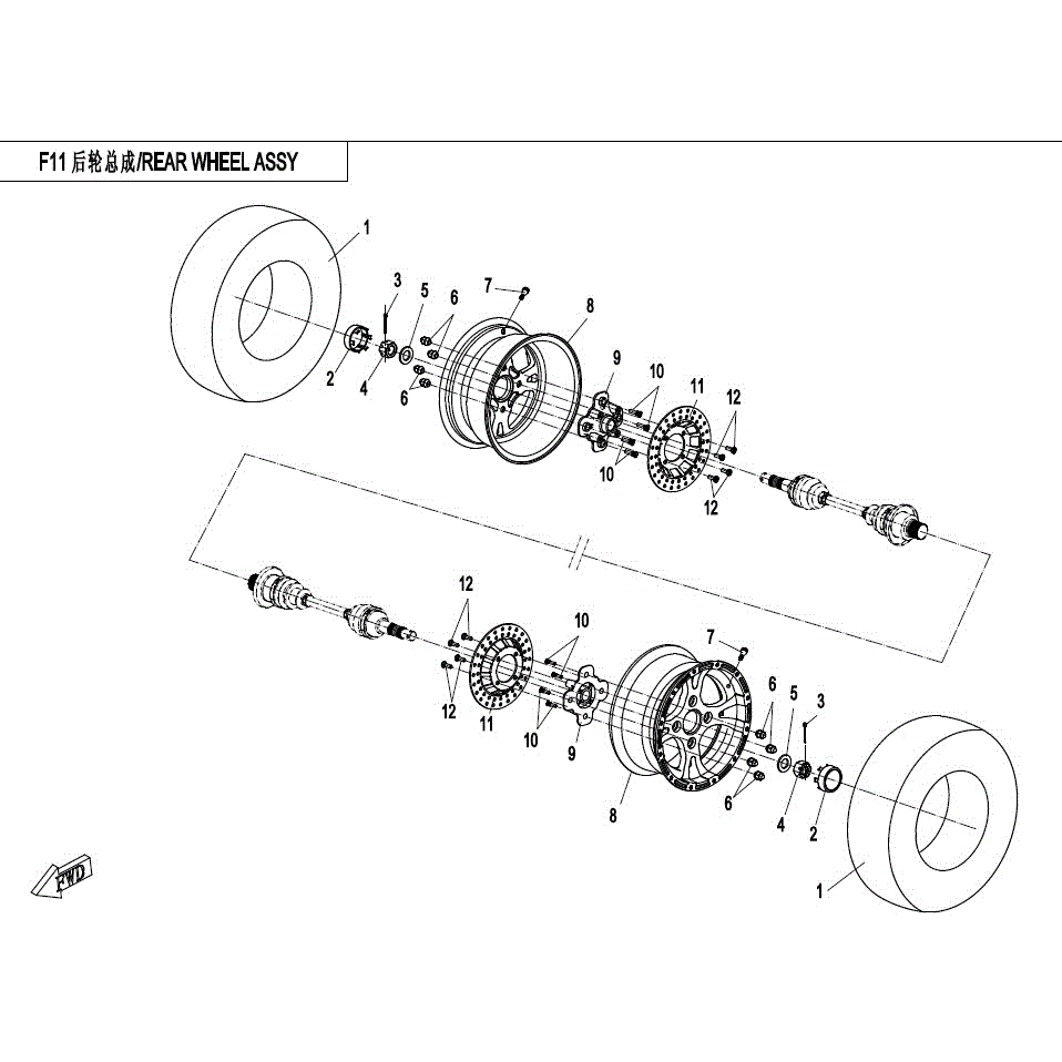 An Image of a genuine CFMOTO Parts Schematic Diagram showing the group - REAR WHEEL ASSY - 2017 CFMOTO CFORCE 800
