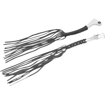 The Leather Lever Fringe by Show Chrome features black leather handlebar fringes with braided sections and metal mounting ends, ideal as decorative accessories for motorcycle handlebars. Often paired with leather lever covers.