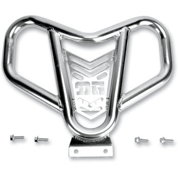 The Yamaha Raptor Front Bumper R by Dg Performance features a shiny aluminum alloy with a chevron center design and comes with four screws and bolts for mounting, displayed against a plain white background.