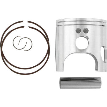 The Yamaha YFS200 Blaster Piston Kit 67.50 mm by Wiseco, made from high-silicon aluminum alloy, includes piston rings, circlips, and a wrist pin—all arranged on a white background to boost horsepower.