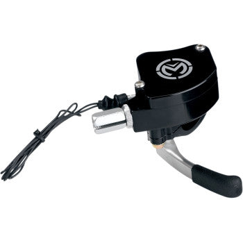 The Easy Pull Thumb Throttle Black by Moose Offroad is made in the USA. It features a curved silver billet aluminum handle, black rubber grip, attached cable, and a white logo on the top housing.