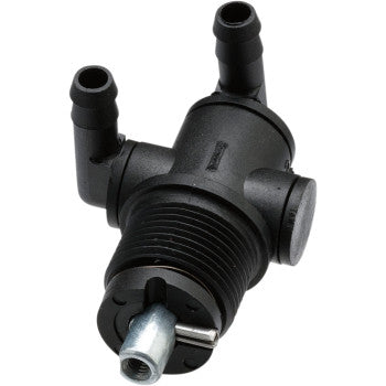 The Polaris Fuel Valve 2 Port by Quad Logic is a black plastic valve with two hose connectors and a metal lever, ideal for regulating fuel flow and serving as an OEM replacement in Polaris vehicles.