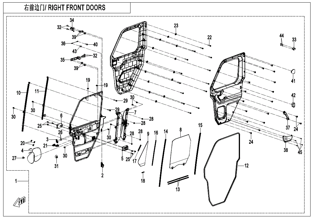 Exploded diagram of CF Moto Door Fullpower Right Front XL for UTVs, showing numbered OEM parts—window, handle, locks, wiring, and panels—with English and Chinese labels. Find more at Witchdoctors.com.