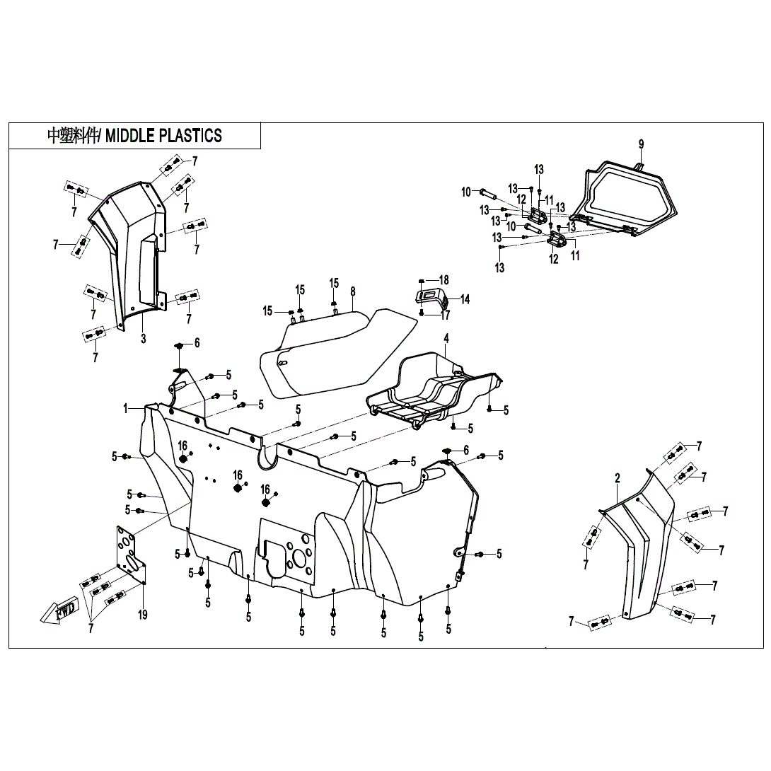 An Image of a Genuine CFMOTO Parts Schematic Diagram showing the schematic - MIDDLE PLASTICS - 2021 CFMOTO ZFORCE 800 EX