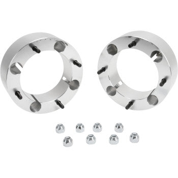 The Spacer with Stud Wheel Rear 4/156 2-1/2 by High Lifter includes two silver spacers with five holes each and ten lug nuts—perfect for installing aftermarket tires or as ATV wheel adapters.