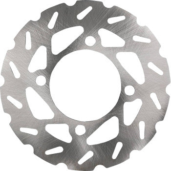 Circular metal brake rotor with a silver finish and multiple curved ventilation slots around the edge.