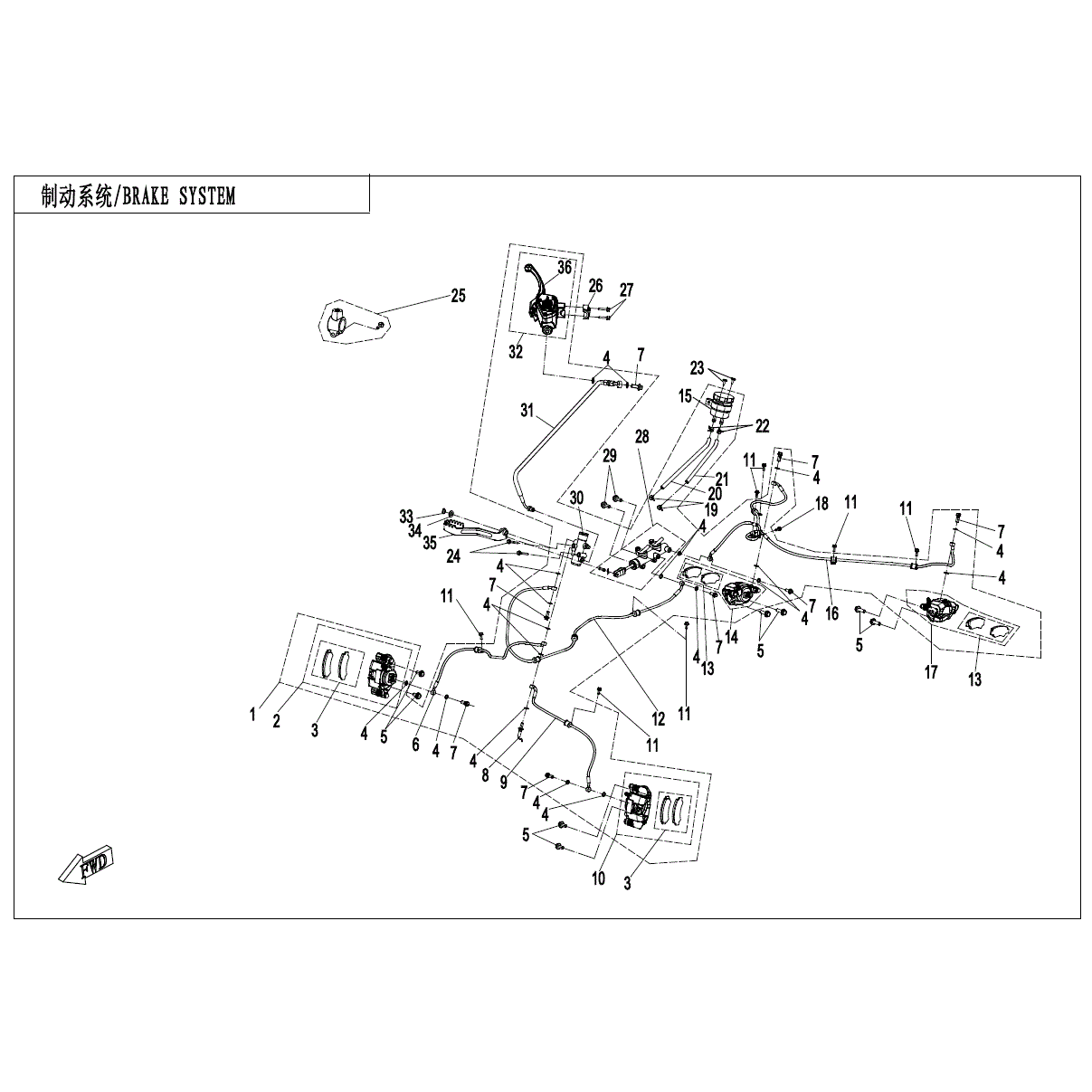 An Image of a genuine CFMOTO Parts Schematic Diagram showing the group - BRAKE SYSTEM (NO PARKING SYSTEM) - 2024 CFMOTO CFORCE 1000