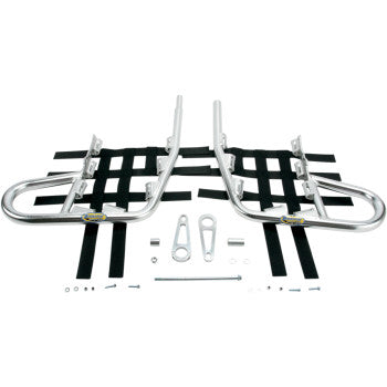 The Yamaha Blaster Nerf Bars Silver by Motorsport Products come as a pair with black webbing, ATV net tabs, and include all installation hardware—bolts, brackets, and screws—displayed on a white background. ATVA compliant for safe ATV riding.