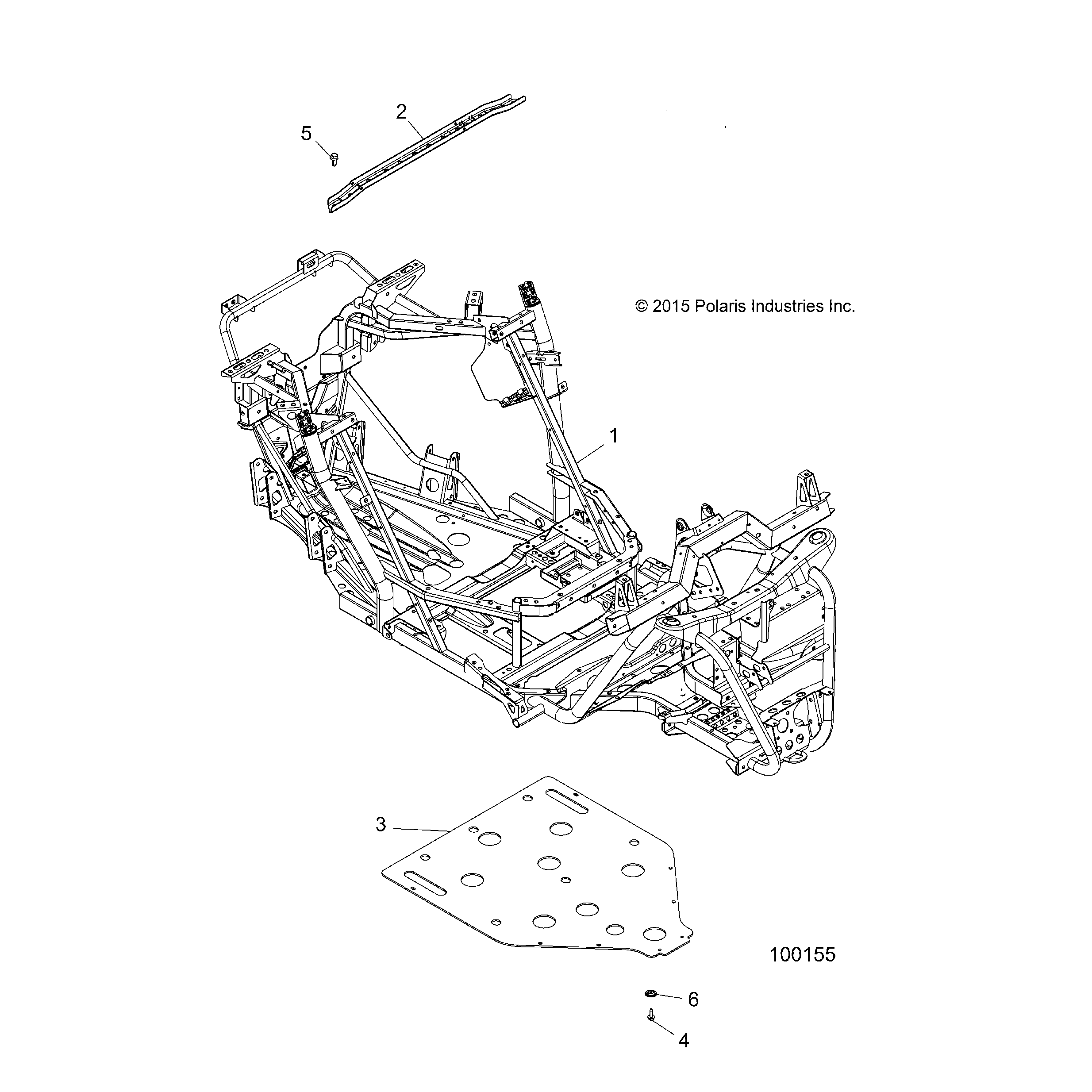 An Image of a Genuine Polaris Parts Schematic Diagram showing the schematic - CHASSIS: MAIN FRAME AND SKID PLATE - 2016 POLARIS ACE 570 EFI