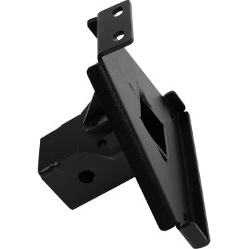 The Yamaha Grizzly/Kodiak ATV Receiver Hitch by Moose Offroad is a black powdercoated metal bracket with a rectangular base, angled support, and multiple mounting holes, designed for frame-mounted use. Shown angled against a white background.