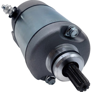 Close-up view of a Yamaha Starter by Moose Offroad featuring a metallic cylindrical body, bolt attachments, and protruding gear shaft—engineered as a direct bolt-on replacement that meets OEM specifications.