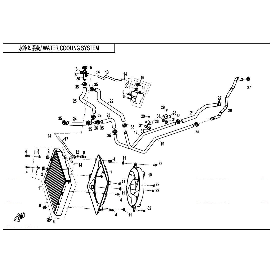 An Image of a Genuine CFMOTO Parts Schematic Diagram showing the schematic - WATER COOLING SYSTEM - 2020 CFMOTO ZFORCE 800 EX