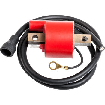 Red ignition coil with black insulated wire and metal mounting brackets.