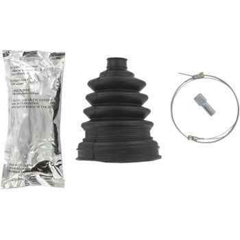 The CV Boot Kit Front & Rear Outboard by Epi includes a black rubber CV boot, metal clamp, small metal part, and a foil packet of molybdenum disulfide grease, all arranged on a white background for various axle applications.