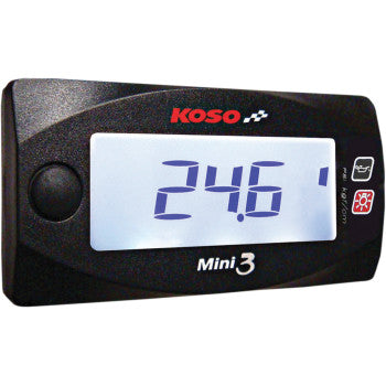 The Mini 3 Oil Pressure Gauge by Koso North America shows a 24.6°C temperature reading on its digital screen, features a black casing with right-side labeled buttons, and is perfect for monitoring vehicle oil systems.