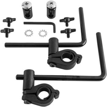 The Police - 1 Hardware Kit by Slipstreamer includes two black L-shaped clamps with screws and washers, perfect for mounting or replacing Slipstreamer windshield hardware.