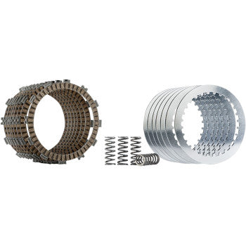 The Clutch Plate Kit by Hinson Racing includes brown friction plates, silver steel plates, and metal coil springs, all compatible with OEM clutch baskets and shown separately on a white background.