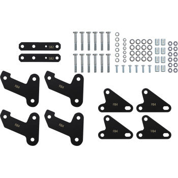 Black metal Polaris lift kit components with multiple bolts, nuts, and washers arranged neatly on white background.