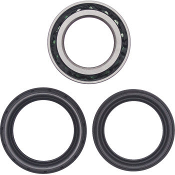 Three Rubicon Rincon Wheel Bearing Kit Tapered Double Angular Contact Rear by Moose Offroad bearings are arranged triangularly on a white background; the top bearing shows inner parts, while the bottom two appear solid black.