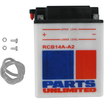 White rectangular battery with blue and red Parts Unlimited logo, black top, included screws, and a clear tube.