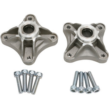 Two Dura Blue Honda Wheel Hubs Rear Standard 24 Spline 4-110 are displayed side by side with six bolts and six nuts on a white background—perfect for minimizing spline wear.