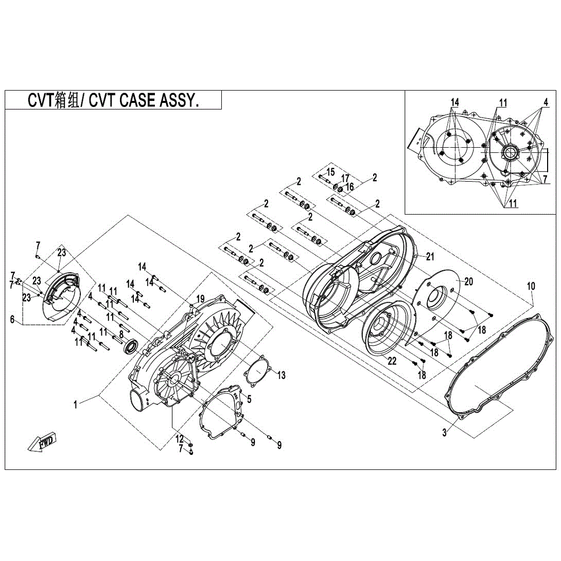 An Image of a genuine CFMOTO Parts Schematic Diagram showing the group - CVT CASE ASSY. - 2019 CFMOTO CFORCE 600