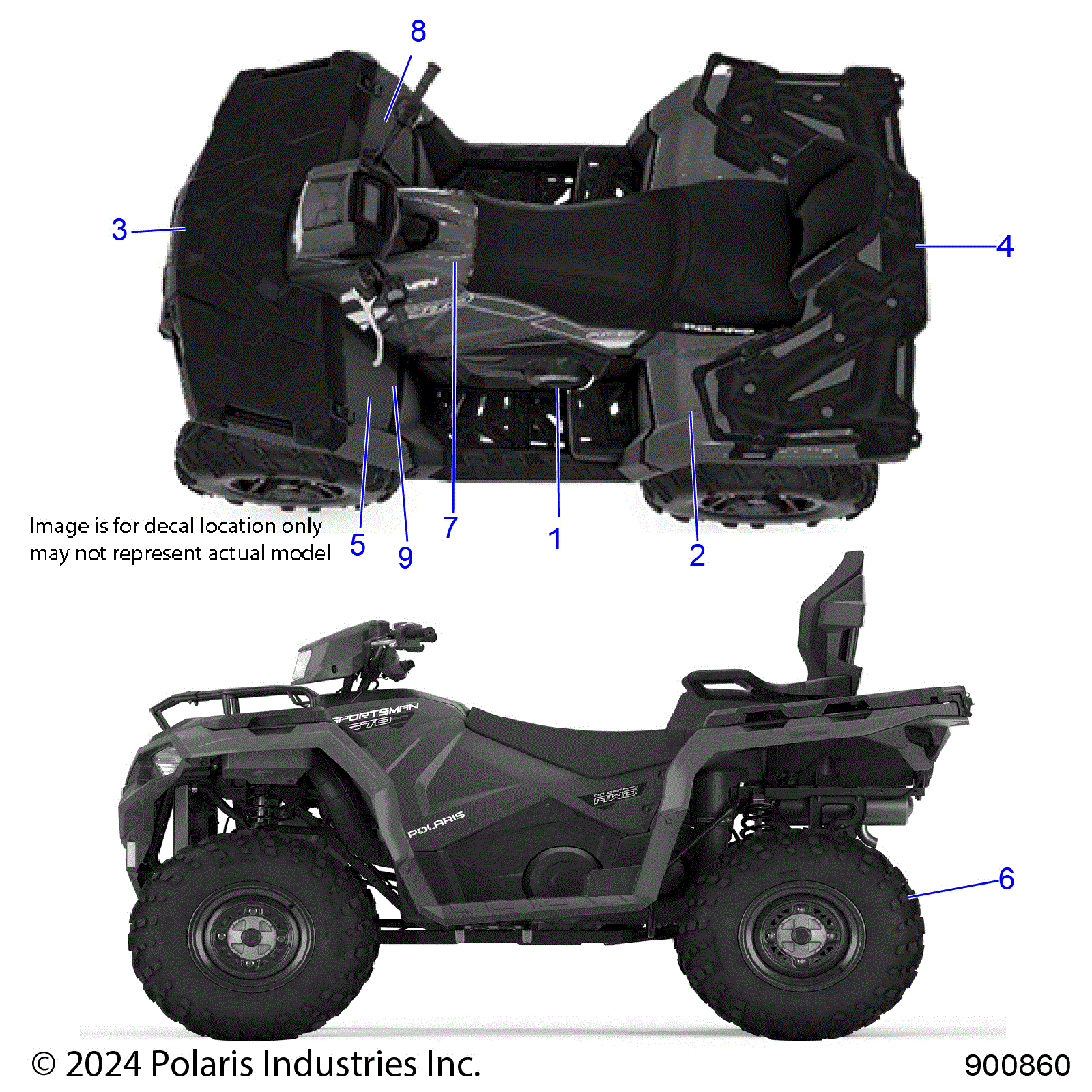 An Image of a Genuine Polaris Parts Schematic Diagram showing the schematic - BODY: DECALS STANDARD - 2025 POLARIS SPORTSMAN TOURING 570 EPS