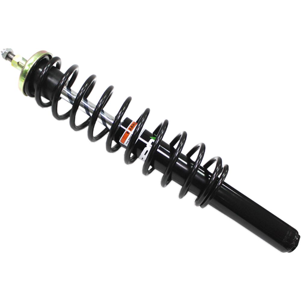 The Polaris UTV/ATV Front Gas Shock by Bronco is a black shock absorber strut assembly with a coiled spring, metal mounting plate at the top, and cylindrical shock at the bottom, displayed on a white background.