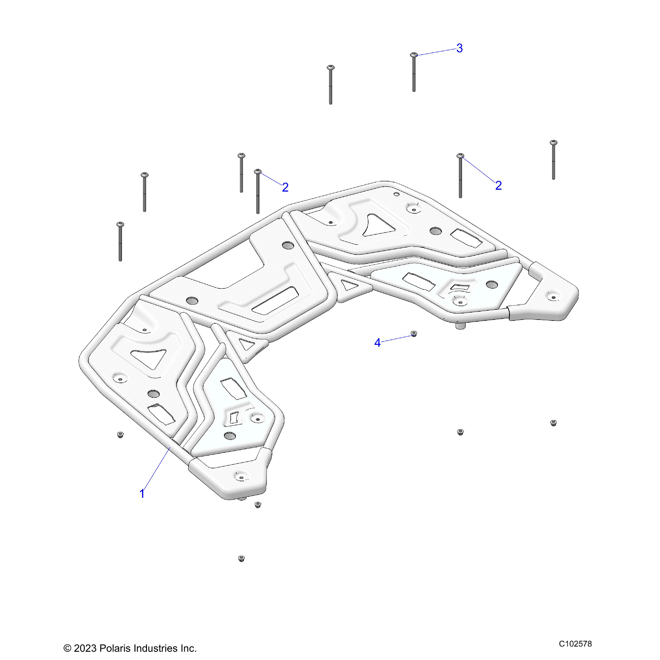 An Image of a Genuine Polaris Parts Schematic Diagram showing the schematic - BODY: REAR RACK UTILITY - 2024 POLARIS SPORTSMAN 450 HO UTILITY 50S