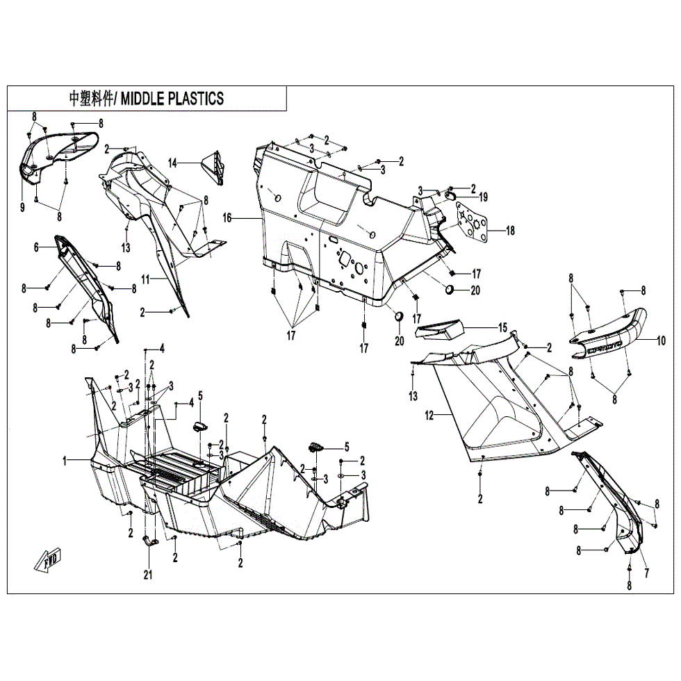 An Image of a Genuine CFMOTO Parts Schematic Diagram showing the schematic - MIDDLE PLASTIC(3) - 2022 CFMOTO ZFORCE 950 Sport