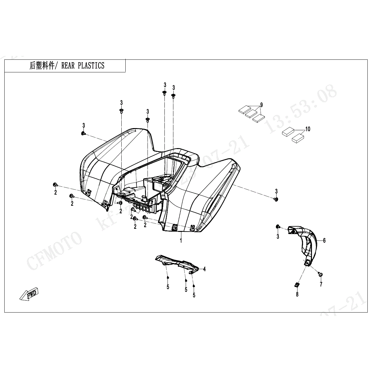 An Image of a genuine CFMOTO Parts Schematic Diagram showing the group - REAR PLASTICS - 2024 CFMOTO CFORCE 110