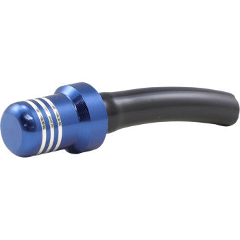 The Fuel Cap Vent Valve Blue by Tmv features a CNC-machined blue metallic aluminum cap with silver stripes, attached short black flexible hose, and is shown on a white background for durability and style.