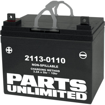 A black AGM Battery U1 32 Rhino by Parts Unlimited (code 2113-0110), labeled spill-proof with charging instructions, offers high cranking performance and two top handles.