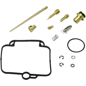 The Polaris Carburetor Repair Kit by Shindy features jet needle sets, float valves, gaskets, O-rings, springs, needles, and small metal fittings neatly arranged on a white background.