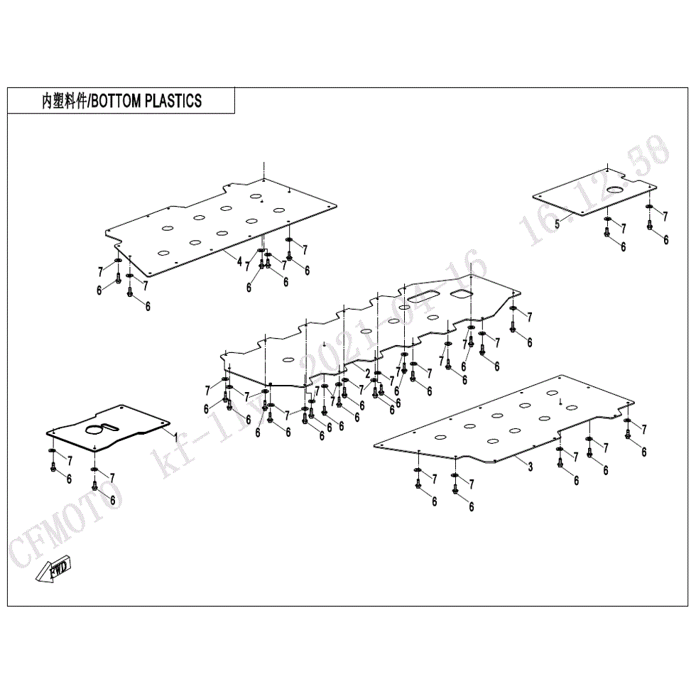 An Image of a Genuine CFMOTO Parts Schematic Diagram showing the schematic - BOTTOM PLASTICS - 2022 CFMOTO UFORCE 1000