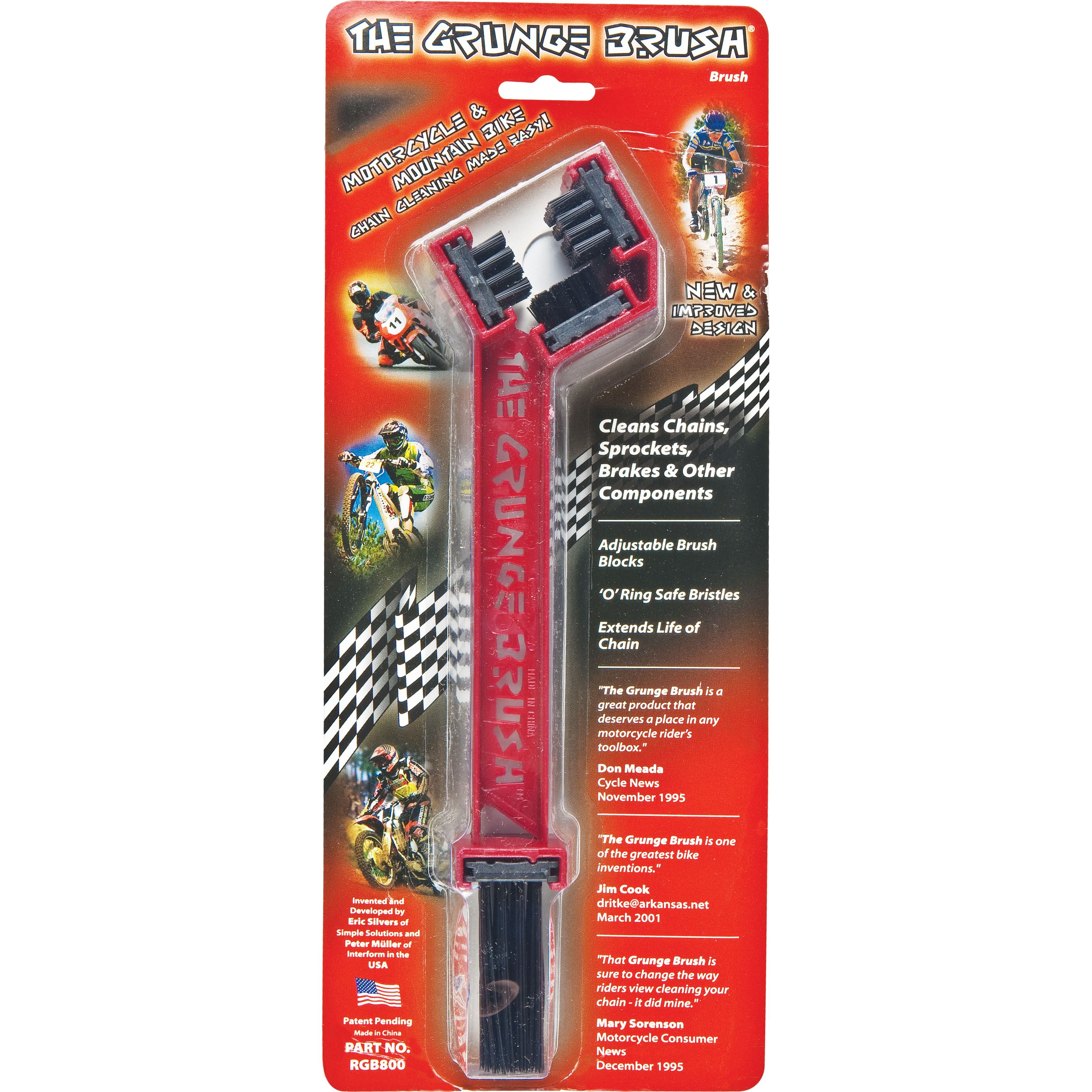 The Grunge Brush by Grunge Brush is a red adjustable motorcycle chain cleaner in plastic packaging with action rider photos. Its bristles are designed for effective O-ring chain and bike part cleaning.