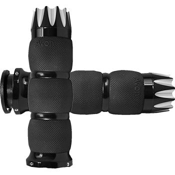 Two Indian Excalibur Air Cushioned Grips - Black by Avon Grips are crossed on a white background, showcasing their ergonomic rubber grip with a patterned, non-slip surface and shiny metallic end caps.